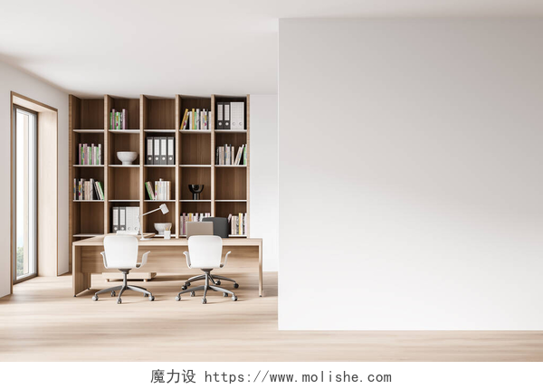 简约装修的办公室现代首席执行官办公室的内部有白色和木制墙壁、木制地板和电脑桌。在右边的墙上装模作样.3d渲染